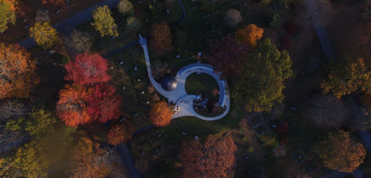 Arial view of the columbarium at Lowell Cemetery